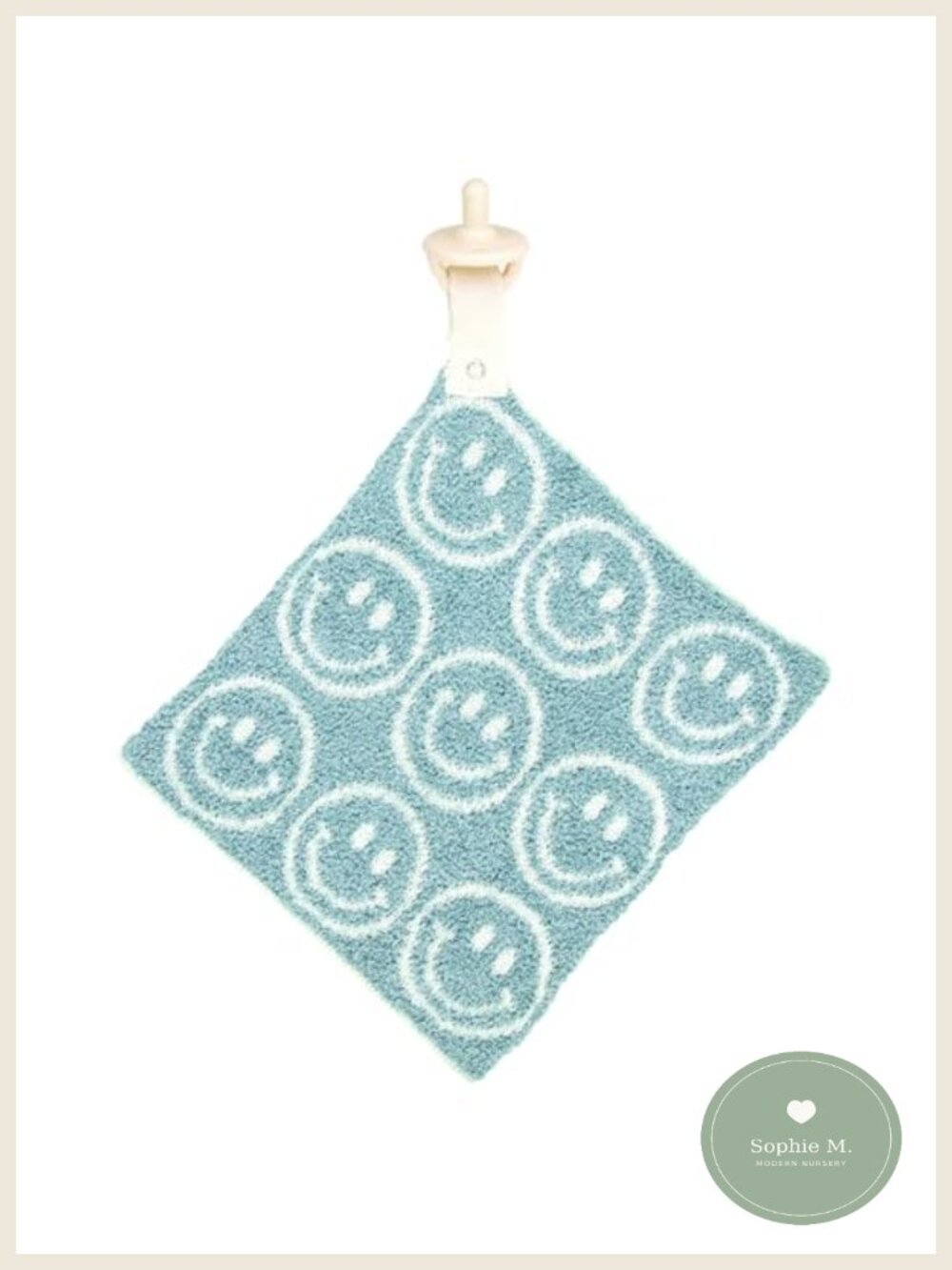 Plush Baby Blankie with Paci Clip Smiley Faces 9" Square Teething Comfort